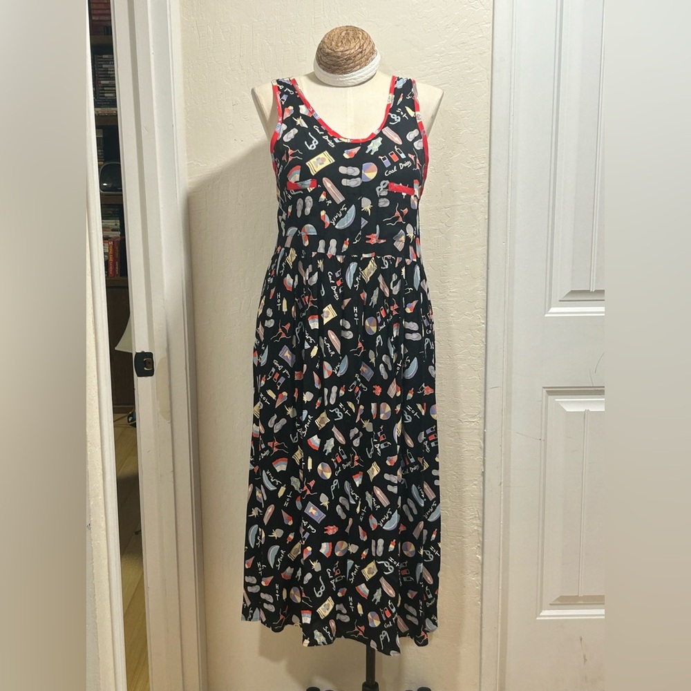 Vintage Sheer Black Maxi Dress with Red-Trim and Multicolor Summer Print Sz2X